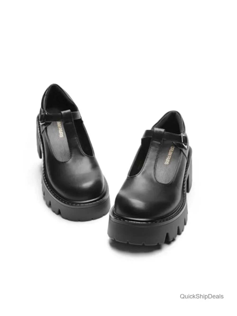 Faux Leather T-Strap Mary Jane Platform Pumps with Lug Sole Heels